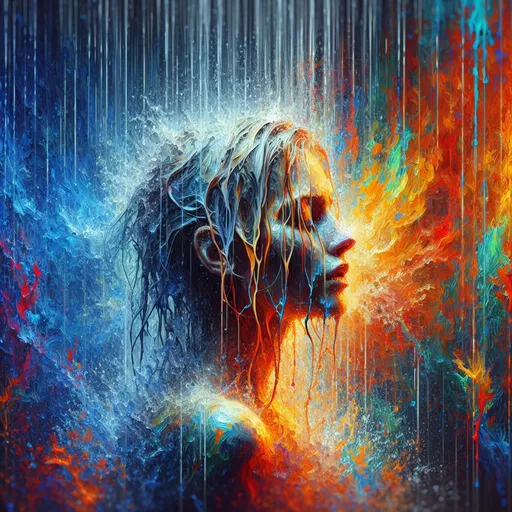 Prompt: Blonde woman in shower, multicolored water, full body angle, vibrant use of light and shadow, expressionism, dark orange and blue, high contrast, vibrant colors, vibrant lighting, water droplets, detailed hair, artistic style, abstract, bold strokes, high saturation, high energy, 4k, ultra-detailed