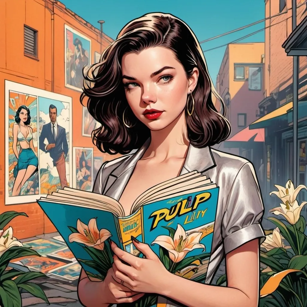 Prompt: Pulp style, Full body, comic style color illustration of a  woman who looks like anya Taylor-Joy, holding a lily, many panels comic book style, GTA-inspired background, detailed facial features, dramatic lighting, high quality, urban setting, emotional gaze, near tears, weeping
