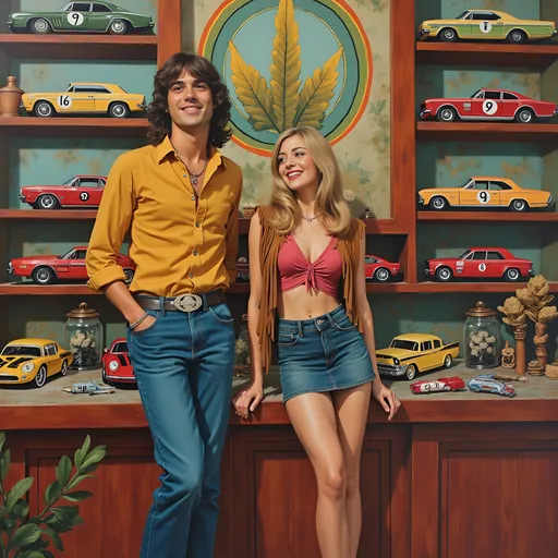 Prompt: 1960s vintage oil painting, closeup on central figures are  a (joyful hippie man in jeans and blonde hippie woman in tight miniskirt and fringe jacket woman) engaged with numerous shelves of charming vintage model train toy store display case, vibrant colors portraying nostalgia and warmth, background campaigned with dynamic paintings of racing and rally cars, ((large peace sign poster in center))inviting ambiance radiating happiness, ultra-detailed brushwork capturing the essence of the era, rich textures and soft lighting enhancing the scene, masterpiece of retro automotive delight.