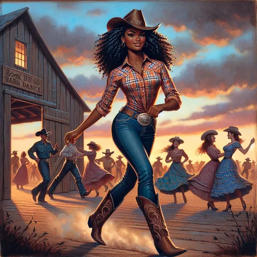 Prompt: "Full length full body art by James Avati, invent an original cowgirl protagonist character with barn dance background"