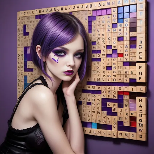 Prompt: (woman sitting In Front of antique mirror, her face made of scrabble tiles, violet eyes, detailed eyeshadow, mascara, eyeliner, emo makeup) playing with a giant scrabble puzzle), scrabble motif to her face, intricate (details of jigsaw pieces), style of (Stanley artgerm lau)