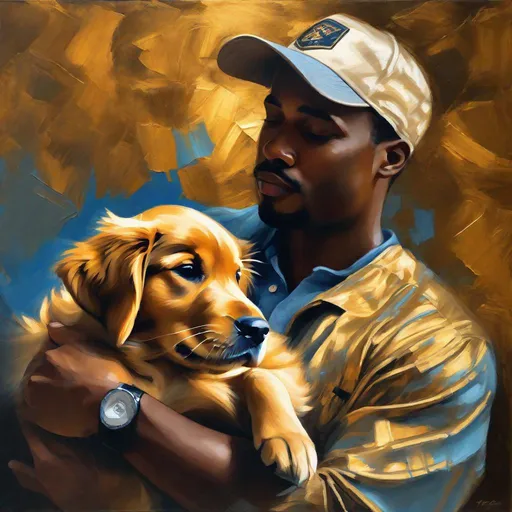 Prompt: African American man holding golden retriever puppy, expressionism, vibrant use of light and shadow, dark gold blue, high contrast, intense emotions, oil painting, detailed features, best quality, highres, vibrant color palette, expressionism, intense emotions, dark gold blue, vibrant lighting and shadows, detailed facial features, realistic, emotional connection with the puppy