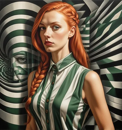 Prompt: (Art deco style), a captivating scene of M.C. Escher-inspired optical illusion, a beautiful Caucasian woman with (long red-orange hair with a single thin braid to one side of her hair) stares at a (framed oil painting of man in striped suit). Red and green and gold tones, (woman wearing a op art 1960s very short satin minidress with pinafore neckline) in an ornate hall, (cool color scheme), intricate and flowing patterns, delicate curves, reminiscent of Milo Manara's art, high detail, enchanting atmosphere, gold light illuminating the soft textures, serene but visually complex background, ultra-detailed masterpiece.