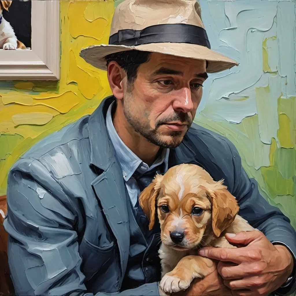 Prompt: thick impasto oil painting of man in fedora looking at a puppy, thick bumpy paint strokes