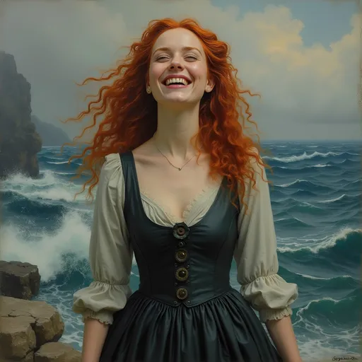 Prompt: Oil painting in the style of the Romantic movement, featuring a near exact replica of the distinct face Eleanor Tomlinson as Demelza Poldark. She stands with wide happy joyful smile against a tumultuous ocean, her red hair catching the dim light. Capture the emotional intensity of her character, focusing on the interplay of her rough-hewn strength and newfound grace. Intricate details on the hand-painted fabric of her dress. By John William Waterhouse."
