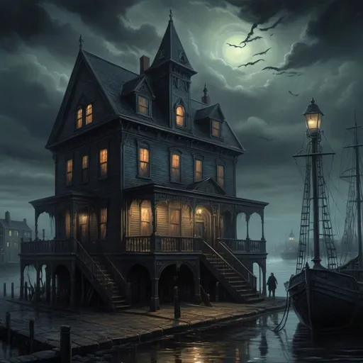 Prompt: Professional oil painting, 64K, UHD, Shadow Over Innsmouth setting, Lovecraftian horror, detailed architecture, eerie atmosphere, misty waterfront, eldritch creatures, macabre style, gothic tones, haunting lighting, intricate details, ominous sky, creepy ambiance