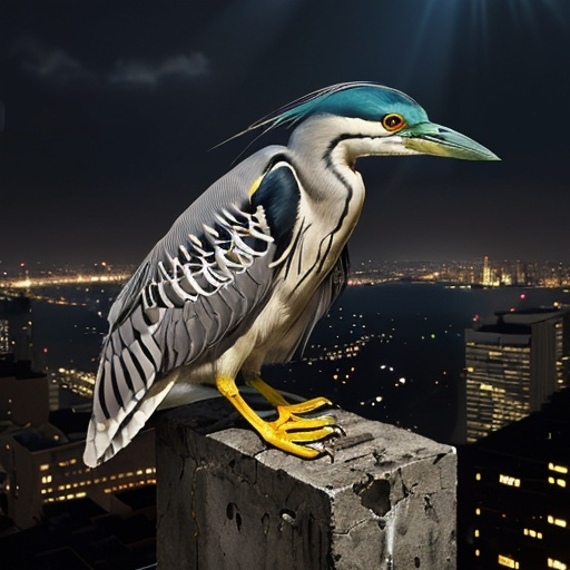 Prompt: "Close-up urban night heron is perched on a ledge in the foreground, surrounded by a dense city atmosphere, sunrays, maximalist hyperdetailed hyperrealistic"