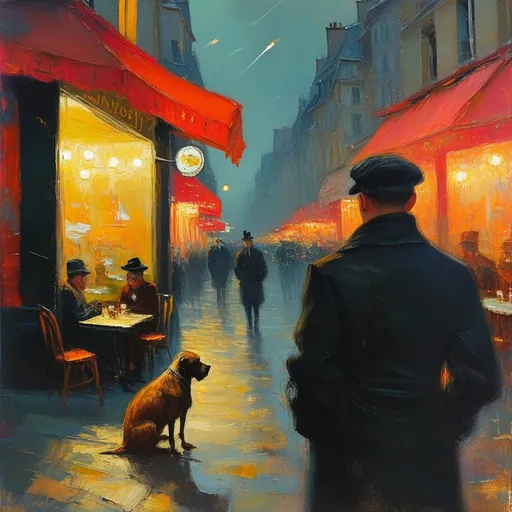 Prompt: (surrealism style portrait ), vibrant color scheme, (1941  Paris), shadowy streets at night, mid waist portrait of a man and his dog (highly detailed facial features) outside a cafe, search lights streaking through a tumultuous sky, vivid explosions lighting the dark atmosphere, bombed and ruined structures surrounding the scene, (dramatic), chaotic ambiance, high contrast between shadow and colorful explosions, (ultra-detailed), evocative imagery, sense of urgency and dread.