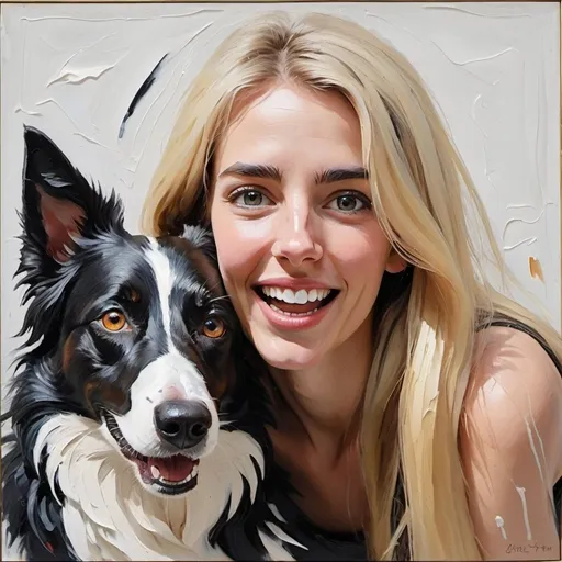 Prompt: thick impasto framed oil painting of long straight blonde hair brown eyed woman amused by a and a skinny pointy eared black and white border collie, thick bumpy paint strokes