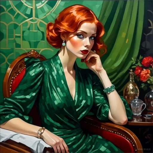 Prompt: <mymodel>Art Deco style painting of a red-haired woman, Scottish complexion, sitting on a table in a tight green dress, legs crossed, vintage art, detailed facial features, rich color palette, elegant and sophisticated, 1920s fashion, opulent atmosphere, intricate patterns, luxurious, retro glam, oil painting, high quality, detailed, vintage, art deco, rich colors, elegant lighting