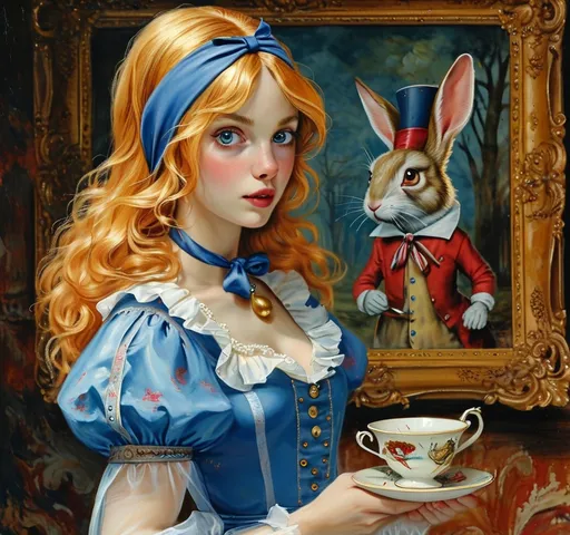 Prompt: Attractive 35 year old Alice in wonderland in blue pinafore minidress, blonde headband hair, holding a teapot, is walking past a painting of  the wonderland white rabbit   who is dressed in red gown and hat , David Teniers III, fine art, classical painting, a fine art painting. The white rabbit tries to steal Alice’s teapot .