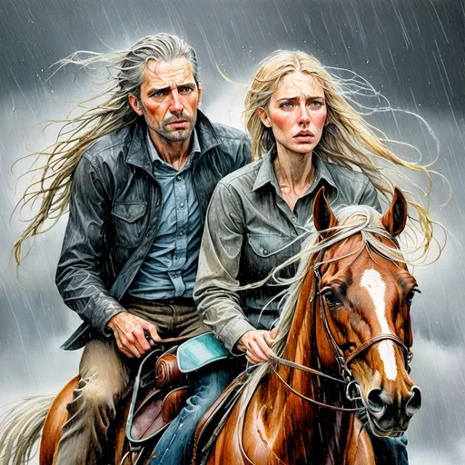 Prompt: Three people on horseback. Raining hard. Driving rain and wind. Colored pencils, mixed media, gouache, watercolor, ink. A man and two woman. Intense emotions. Close up angle. (Disheveled Man is worried, tall, gray hair, riding horse fast) he’ is 45. (Blonde braids Woman, 30, is riding fast and wild) all horses in extreme motion (beautiful very short pale red haired with freckles. raw photo, riding hard, looking up at rainy sky). Look at each other with worry and concern. Ranch barn with open door in background. in background.  Denim shorts, floral see through wet dress, denim jeans, hats. All people with natural textured skin, high-quality, detailed, realistic, rain, wind  