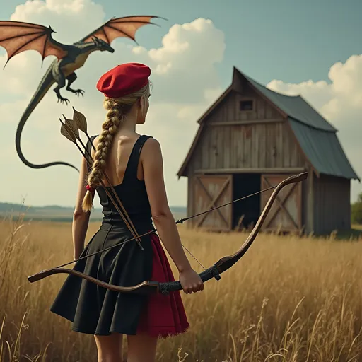 Prompt: a blonde braids woman in a black and red minidress with red beret holding a bow and arrow in front of a rural farm barn with a dragon flying overhead, Anne Said, symbolism, vfx, a matte painting