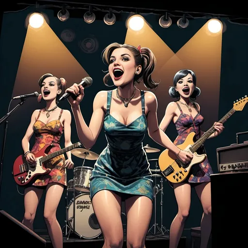 Prompt: Onstage at small nightclub, aerial downward wide angle full body illustration of a three manrock band with instruments and one full body excited woman (pigtails hair, very short colorful minidress) woman sings into microphone, full Body, graphic novel, detailed facial features, high contrast, vintage comic style, dark and moody colors, professional, expressive eyes, detailed clothing, minidress very detailed, atmospheric lighting,  detailed rock jewelry, dark colors, dramatic, graphic novel illustration,  2d shaded retro comic book