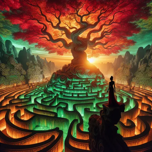 Prompt: A huge (red and orange tree) standing atop a (green towering, spiraling maze), a woman’s figure silhouetted against an endless expanse of twisting pathways disappearing into the horizon, sprawling maze extends endlessly in all directions, mesmerizing scene, vibrant colors, dramatic contrast, magical atmosphere, cinematic depth, warm lighting, epic fantasy style, ethereal mood, ultra-detailed, 4K quality, breathtaking background.