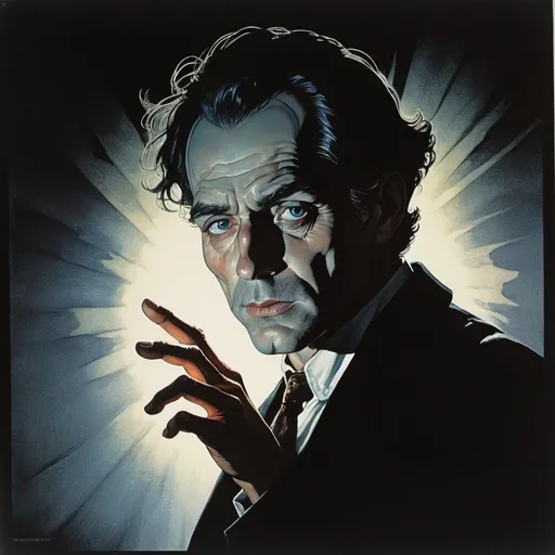 Prompt: German expressionist man's shadow face, Drew Struzan, private press, Michael Kaluta poster, man with a warning finger, detailed shadow, vintage artistic style, dramatic lighting, film noir, high contrast, moody atmosphere