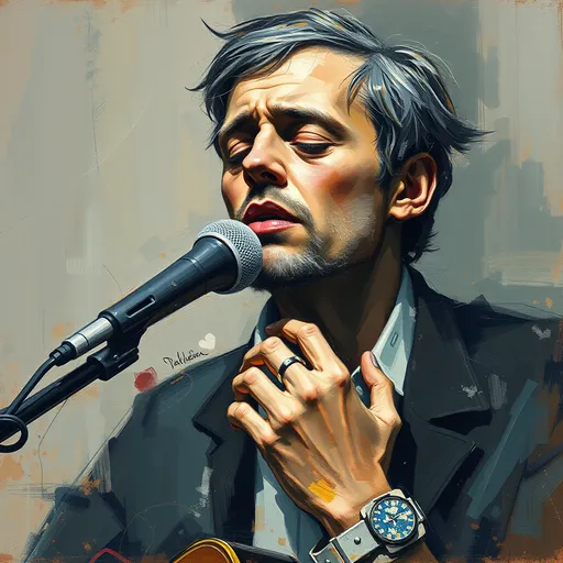 Prompt:  Abstract art depicting the sadness of a man 1960s folk singer with harmonica , muted tones, expressive brushstrokes.