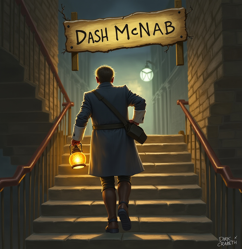 Prompt: a man with a lantern in his hand running down a staircase and a sign above him that says [Dash McNab], Dirk Crabeth, fantasy art.