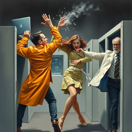 Prompt: (Surrealism style), FIGHT SCENE ATTACK dark color scheme, intense dynamic scene trapped inside a quartet of white office cubicles, windows show distant skyscraper, (an angry young man in orange
leather hoists a laptop over his head) and a (determined older man in yellow rain coat fights with a coatrack), ( frightened pretty wavy red ponytail hair woman in a very short slim flared floral miniskirt suit throws a vase, her body pressed against a cubicle wall, a janitor in white coat hurls a wastebasket dramatic tension, moody ambiance, high contrast shadows, textured brush strokes, detailed expressions of anger and determination, a suffocating cubicle atmosphere, ultra-detailed, HD. Surrealism style image, colored inks, gouache, triadic color yellow, green, orange. 