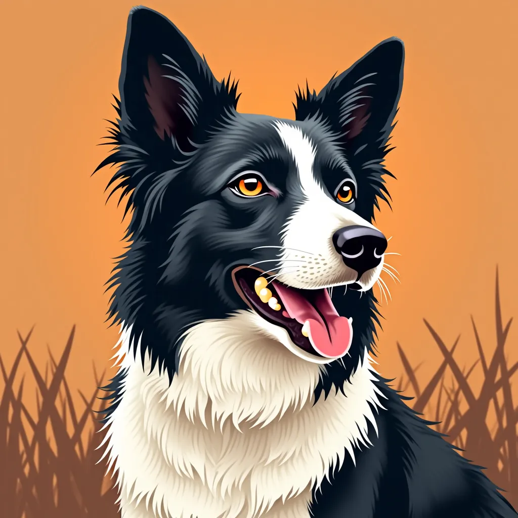 Prompt: A stylized portrait of a border collie with pointy ears with an happy expression, face slightly turned to the left. It has black and white fur with intricate line patterns, wavy neutral-toned fur, and long tongue visible. The background is a brown field with abstract orange dots, complementing the design.