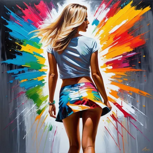 Prompt: Seen from behind is a pale medium length hair Caucasian woman wearing miniskirt, hyper-detailed acrylic art action painting, bursts of color, contrasting colors, vibrant atmosphere, high quality, ultra-detailed, acrylic painting, vibrant color palette, impressionist style, detailed brushstrokes, art studio lighting, energetic and lively