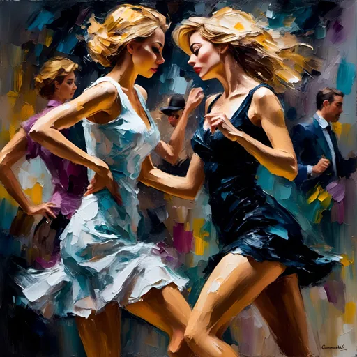 Prompt: <mymodel>two woman in very short tight minidresses, dance intimately, emotionally react with sadness, upset, misery, while dancing, thick impasto oil painting, bumpy brushwork watercolor , romantic setting, detailed facial features, flowing elegant movement, high quality, emotional,  detailed faces, elegant, eerie lighting 