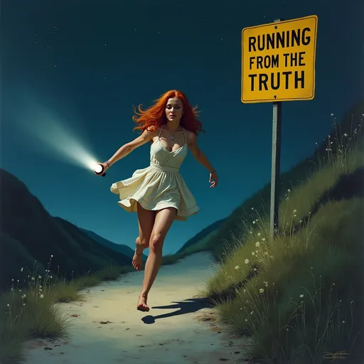 Prompt: a copper haired woman in a flowing,  very short minidress with a oversized flashlight in her hand running up a steep hill at night. a road sign beside her has an arrow pointing up with words [RUNNING FROM THE TRUTH], Donato Giacola, fantasy art.