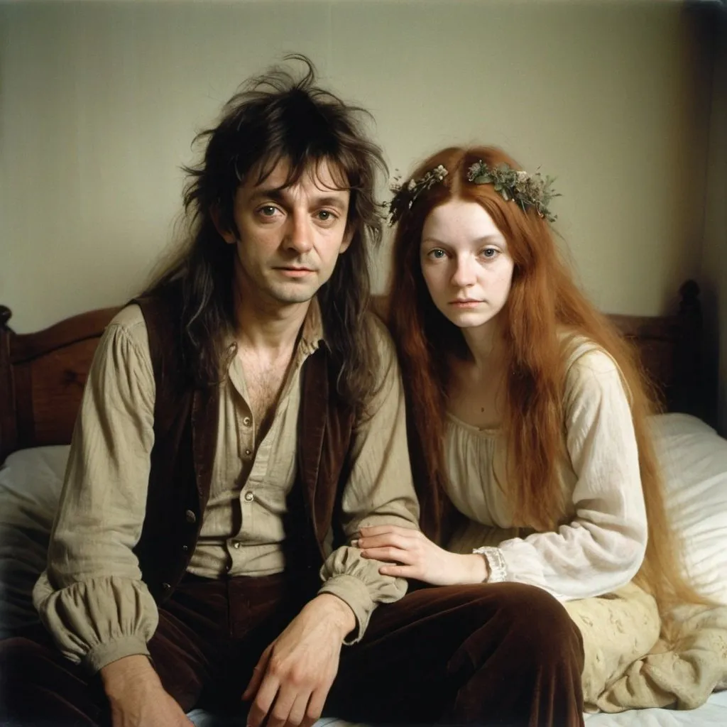 Prompt: a man and a woman sitting next to each other on a bed together, looking at the camera with a serious look on their faces, Brian and Wendy Froud, barbizon school, 1 9 7 0 s, color. photo