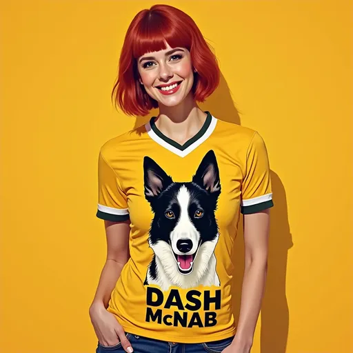 Prompt: productive pop art, on the football jersey of a pastel drawing of a  short red bangs hair woman, amber background, we see the image of a (skinny pointy eared black and white border collie face) with the bold lettering stating [DASH McNAB], lighting casts soft, UHD, detailing --ar 9:16 --quality 2 --style raw --v 6.1