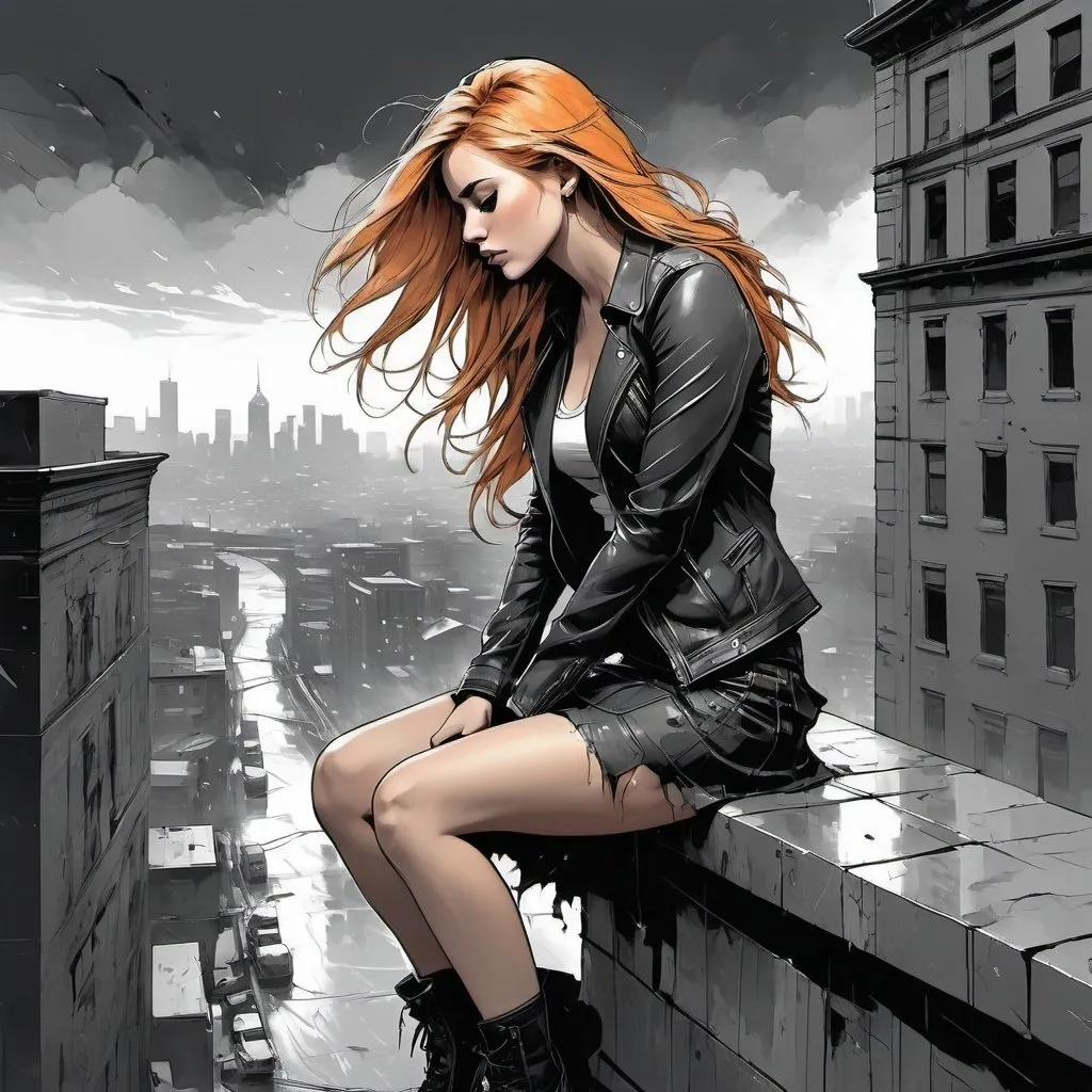 Prompt: Long shot. Full body. Blonde-orange hair Woman, 30s, leaning over suicidal ledge of a building, tearful emotions, high quality, dark and gritty, realistic style, moody lighting, high contrast, building ledge, water setting, detailed facial expression, dramatic pose, distressed skirt, city lights casting a somber glow, intense emotions, realistic, urban ledge, detailed facial expression, highres, moody lighting, dramatic pose