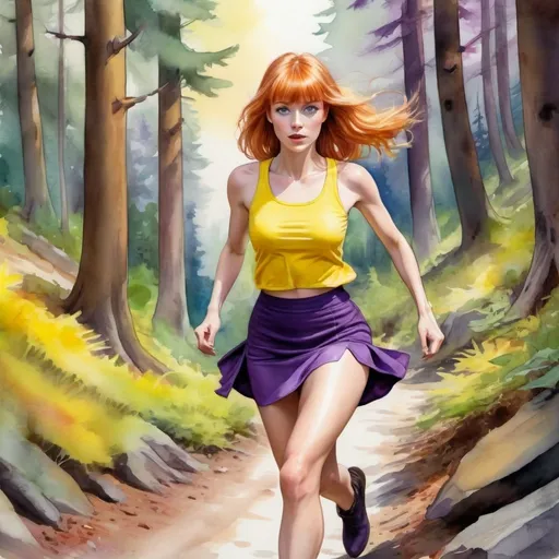 Prompt: UHD facial features, extreme action pose, mixed media artwork of an alluring, beautiful, redhead bangs blonde woman, 30s, in a short purple skirt and yellow top, pale legs, ankle boots, running down a sunny forest downhill path, featuring colored pencils, color ink, watercolor, and gouache