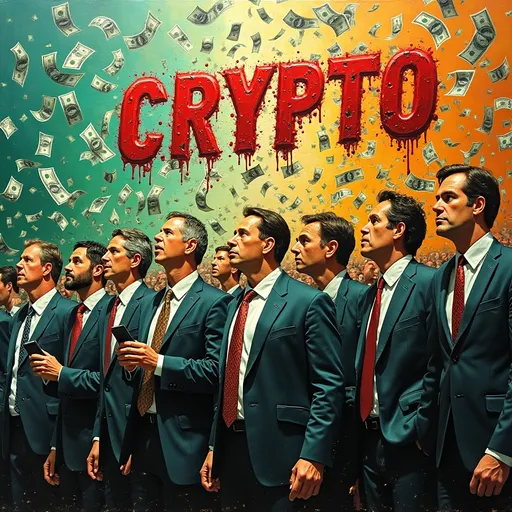 Prompt: (accurately spelled bloody red text "CRYPTO A GO-GO"), thick impasto oil painting, vibrant colors, high depth, textured, bumpy paint strokes, lineup of businessmen, some holding cellphones, a mix of ages and sizes, enveloped in a whirlwind of dollar bills, dynamic scene, captivating energy, abstract background, rich hues of green and gold intermingling, surreal atmosphere, ultra-detailed, painterly masterpiece.