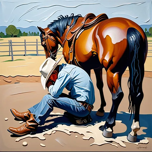 Prompt: thick impasto oil painting of a sad cowboy slumped over his horse, thick bumpy paint strokes