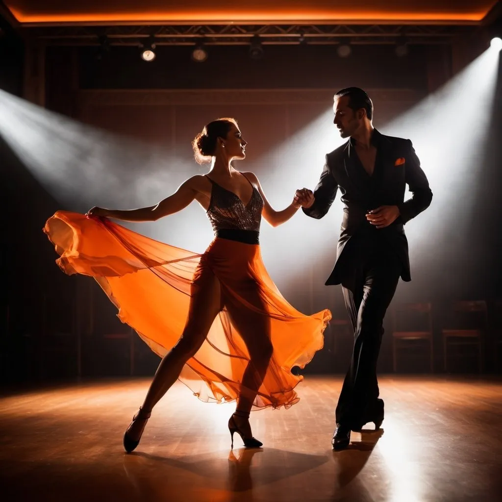 Prompt: Tango dancers on stage, woman with transparent dress, empty auditorium, black and orange tones, high quality, tango, dramatic lighting, detailed movement, professional, large empty space, atmospheric lighting