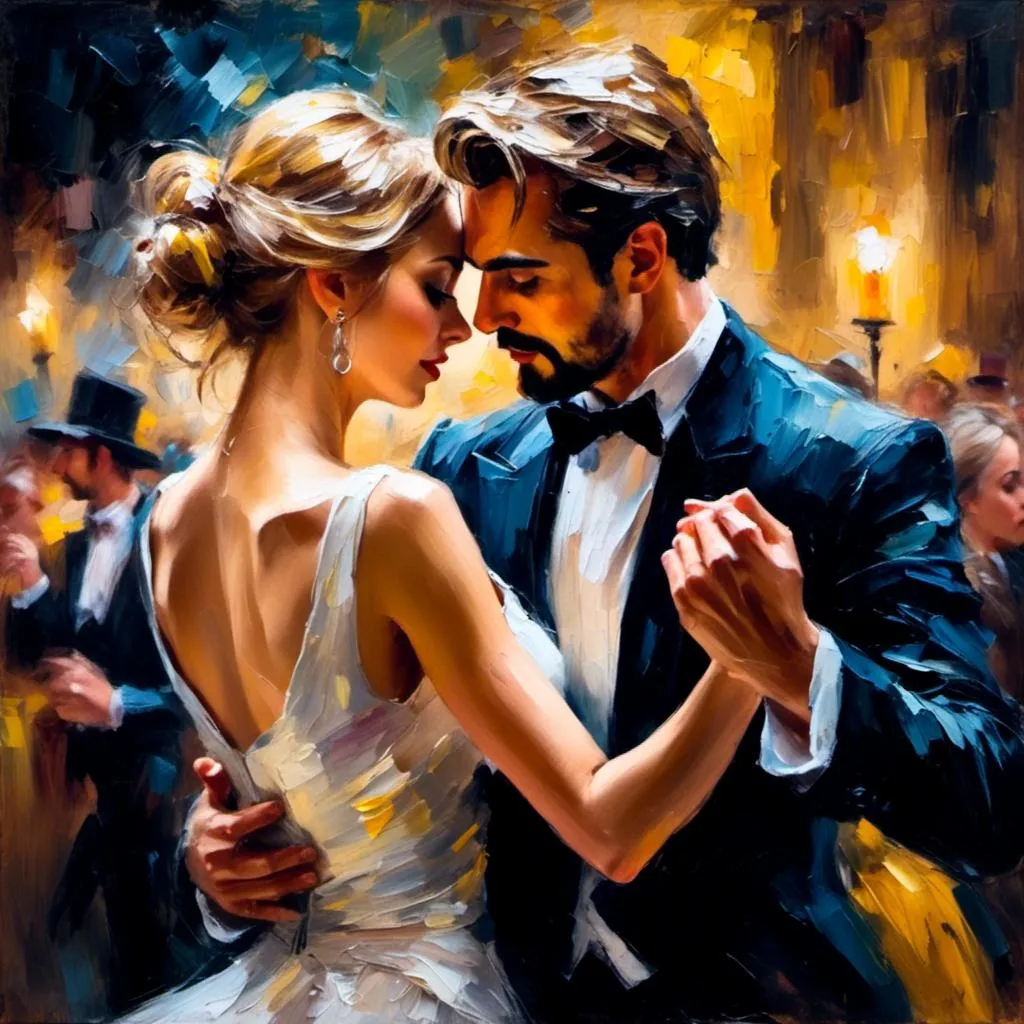 Prompt: <mymodel>Attractive man and woman emotionally react while dancing, oil painting, romantic setting, warm and soft lighting, detailed facial features, flowing elegant movement, high quality, emotional, romantic, oil painting, detailed faces, elegant, warm lighting