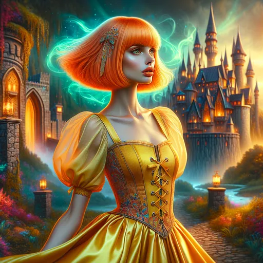 Prompt: Enchanted castle. Fantasy illustration of a 30-year-old woman with striking short straight orange bangs, in profile, wearing a vibrant very short yellow satin pinafore minidress, fantasy style, detailed facial features, ethereal lighting, high quality, fantasy, vibrant colors, detailed hair, whimsical, fantasy fashion, glowing aura, age 30, satin material, glowing, dreamy atmosphere