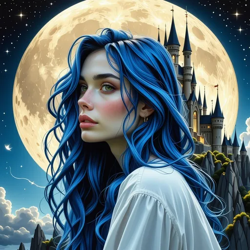 Prompt: (a woman's portrait), blue hair cascading down her shoulders, a majestic castle on the moon, rendered in (fantasy art style), (highly detailed digital painting), illuminated by a full moon glowing bright in the night sky, ethereal and surreal atmosphere, rich textures, crisp details, enchanting light play, captivating moonlit scene, (ultra-detailed), artistic masterpiece.