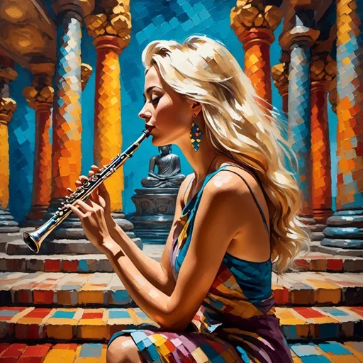 Prompt: <mymodel>Pop art painting of an adventurous blonde lady playing a flute at a Buddhist temple, high definition, partial profile, looking up, strong colors, dripping paint, checkerboard background 
, vibrant, detailed, retro, dynamic lighting