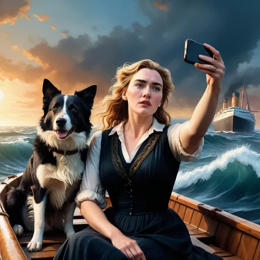 Prompt: Kate Winslet sitting on a raft taking a selfie of herself and a pointy ear border collie while 

as the Titanic sinks beneath the waves behind her.  from the movie Titanic, 

realistic oil painting, detailed waves, emotional expression, dramatic lighting, vintage color tones, nostalgic atmosphere, 4k resolution, ultra-detailed, realistic, oil painting, vintage, emotional expressions, sinking ship, detailed waves, dramatic lighting, nostalgic atmosphere