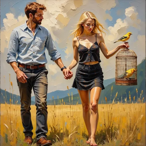 Prompt: "Full length full body thick impasto oil painting of two people by Robert Maguire , a shy man following a 25 year old blonde flirting woman in a short dress carrying a canary in a cage.