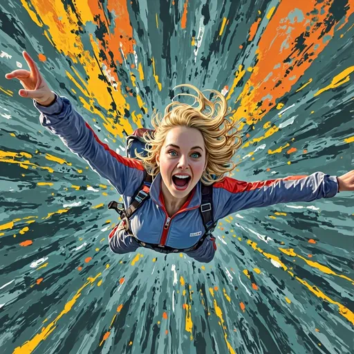 Prompt: This is a vibrant, dynamic digital closeup illustration  of an excited blonde woman with a UHD facial features parachuting downward  as viewed from below. The scene featuring a predominantly blue, red and white color scheme with striking red accents,   

The background is an abstract, energetic mix of teal and dark green, with bold, painterly strokes and splashes of bright yellow and orange, creating a sense of motion and excitement. The yellow and orange splashes are particularly prominent, radiating outward from the parachute , adding to the dynamic feel of the illustration. The texture of the background is rough and expressive, with visible brushstrokes that contrast with the smooth, sleek lines of the woman’s outfit.

Overall, the image conveys a sense of speed, energy, and modernity, with a vivid color palette and a dynamic composition that draws the viewer's eye to the central subject of the parachute . The style is highly stylized and contemporary, with a strong emphasis on movement and color.