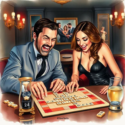 Prompt: (two excited men and two alluring women in tight dresses playing Scrabble), (deluxe private club ambiance), (intricate details of Scrabble board), (Scrabble letter tiles), (little hourglass timer), (soft and alluring color palette), (dimmed warm lighting), (elegant setting with plush furnishings), (upmarket atmosphere), (artistically rendered in style of Steve Hanks), (ultra-detailed watercolor masterpiece).