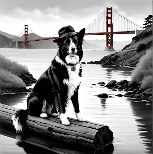 Prompt: Man in black hat and glasses sitting on a log next to a pointy eared border black and white collie dog, golden gate bridge in the background, realistic oil painting, tranquil atmosphere, serene water reflections, detailed facial features, fine art quality, plein air, Art Spiegelman, David Lazar, album cover, realistic, detailed landscape, serene lighting, peaceful ambiance