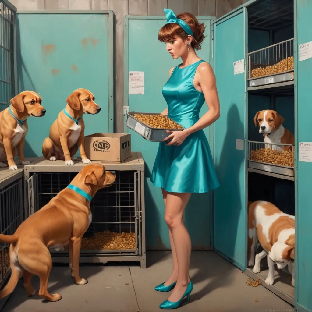 Prompt: Full body slight profile Oil painting illustration of  a mature 35 year old  golden brown bangs hair, 30s, small breasted, heavily freckled woman standing wearing a very short thigh-high turquoise satin skater minidress with sophisticated upswept headband hairdo in a crowded pet shelter, holding a puppy, surrounded by dog food, dog crates, cozy beds, high-quality, RPG fantasy game style, detailed facial features, lively colors, warm lighting, crowded setting, expressive eyes, atmospheric, mature facial expression 