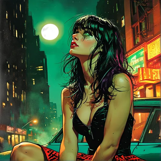 Prompt: (Sad weeping wistful green-eyed woman), (her makeup and mascara and eyeshadow messy) (sitting on a car), (very short tight black and red skater dress), nighttime street scene, full moon illuminating the scene, (western comic book art), (comic book panel), vibrant colors, dramatic shadows, urban setting, dynamic angles, high contrast, ultra-detailed, capturing a playful yet sad vibe.