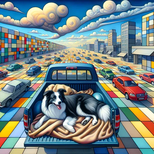 Prompt: Blend the surrealism of Salvador Dalí with the geometric abstraction of Piet Mondrian to depict an aerial view of a border collie lying on a blanket in the back of a pickup. Aerial viewpoint. Use Dalí's soft, drooping forms for a city parking lot  with cars that are liquefying, but render them in Mondrian's characteristic primary colors and black grid lines. The sky should be divided into rectangles of different shades of blue and white, with a few of Dalí's signature  clouds scattered about.