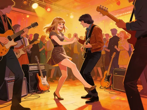 Prompt: Pattie Boyd lookalike in short   minidress  with an 1960s rock group inside on a crowded dance floor . She is playfully interacting with one of the musicians. Her legs look good. Guitars, amps visible.