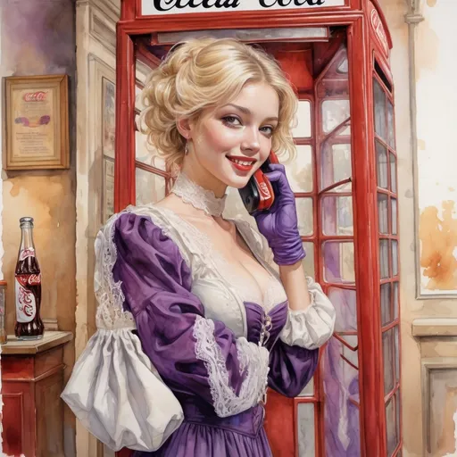 Prompt: (full body portrait) a blond 18 year old young woman, (long white Elizabethan costume lace gown with dramatic purple sleeves), (inside a vintage phone booth), warm colors enhancing the scene, (holding an iconic can of Coca-Cola) with a playful smile, (vintage telephone booth). Watercolor, gouache, expressionism, colored inks, thick impasto oils, mixed media. Steve Hanks, Milo Manara, 