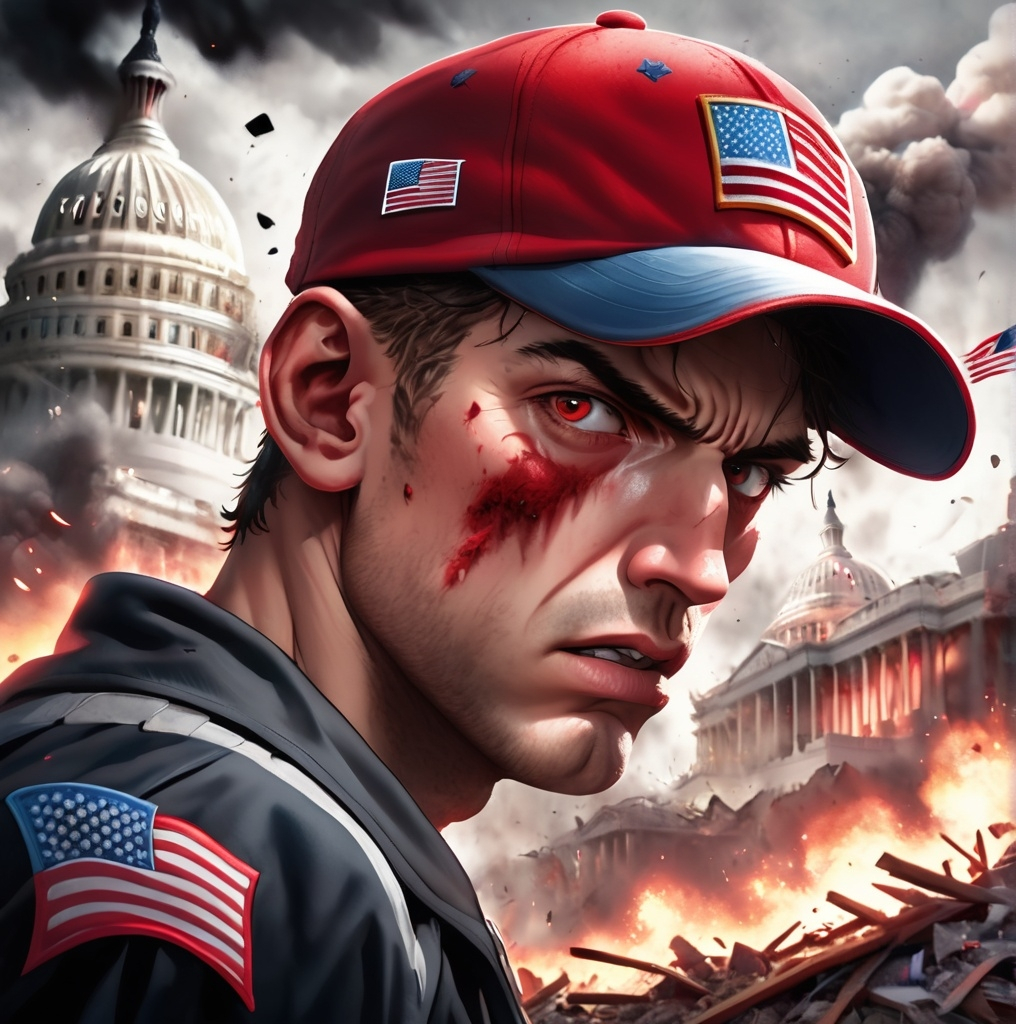 Prompt: closeup of (guilty man) in a striking red baseball hat with American flag patch, expressions of fear and concern, with debris and chaotic destruction of the US Capitol in the background, bright explosions casting intense shadows, atmospheric smoke swirling, evoking a grim and somber mood, high detail, cinematic composition, (4K ultra-detailed) image quality, dramatic contrasts of light and dark elements.