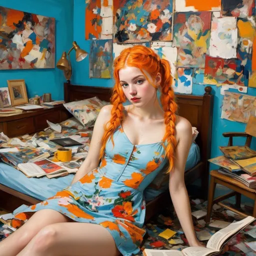 Prompt: Messy college dorm, slender pale blue eyed orange pigtails haired  female, reading in one bed wearing her short floral minidress, legs slightly open, scattered framed portraits by Wyeth, Whistler, Jackson Pollock, Matisse, Miro, Klimt, chaotic atmosphere, the ceiling has been painted in the style of pollock, vibrant and cluttered, high-contrast art, 4k, detailed, messy, , impressionist, modern, vibrant colors, artistic chaos, college life, chaotic lighting